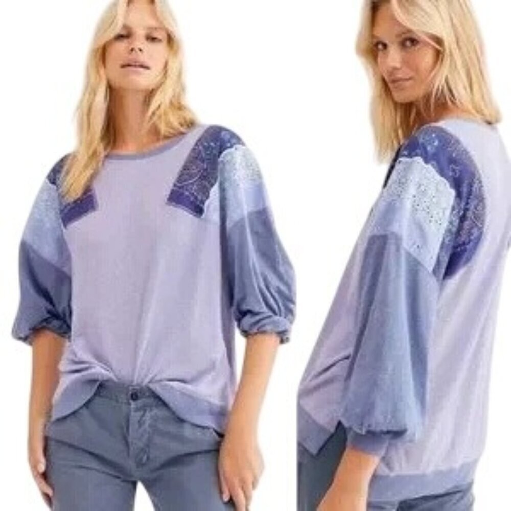Free People Feelin' It Purple Patchwork Balloon Sleeves Oversized Top